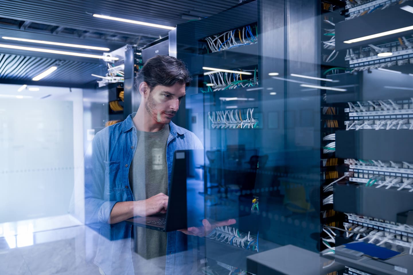Man in a server room