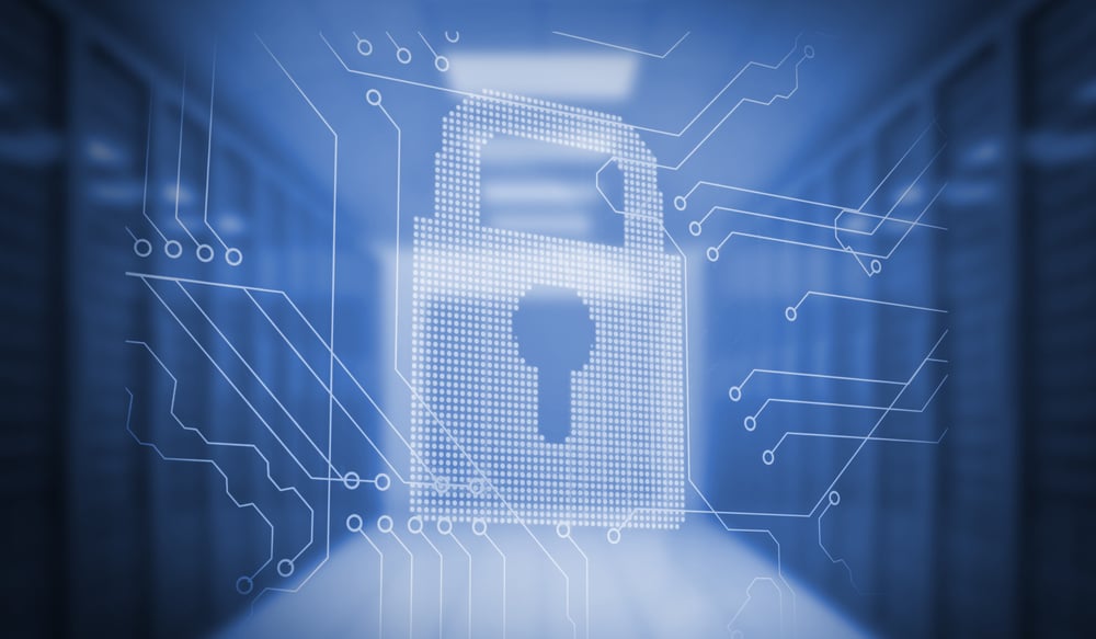 Digitally generated lock on circuit board in blue room Digitally generated lock on circuit board in blue room