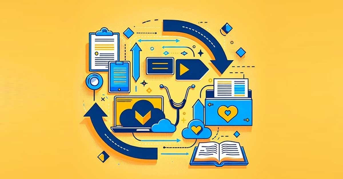 Illustration sur la migration numérique des données : des icônes comme un ordinateur portable, un nuage, un dossier, des documents et des flèches représentent l’échange et le traitement des informations. Illustration sur la migration numérique des données : des icônes comme un ordinateur portable, un nuage, un dossier, des documents et des flèches représentent l’échange et le traitement des informations.