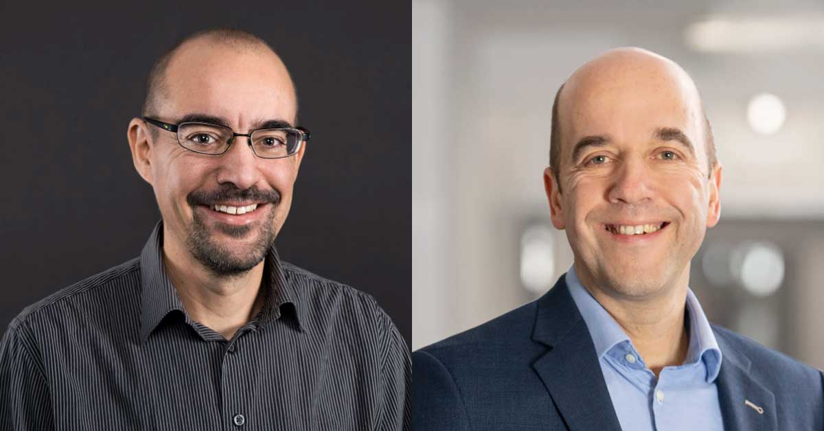 Deux personnes sont présentées côte à côte dans des portraits séparés. À gauche, la personne porte une chemise sombre à rayures devant un fond noir. À droite, la personne porte une veste bleue avec une chemise bleu clair devant un arrière-plan flou et clair. Deux personnes sont présentées côte à côte dans des portraits séparés. À gauche, la personne porte une chemise sombre à rayures devant un fond noir. À droite, la personne porte une veste bleue avec une chemise bleu clair devant un arrière-plan flou et clair.